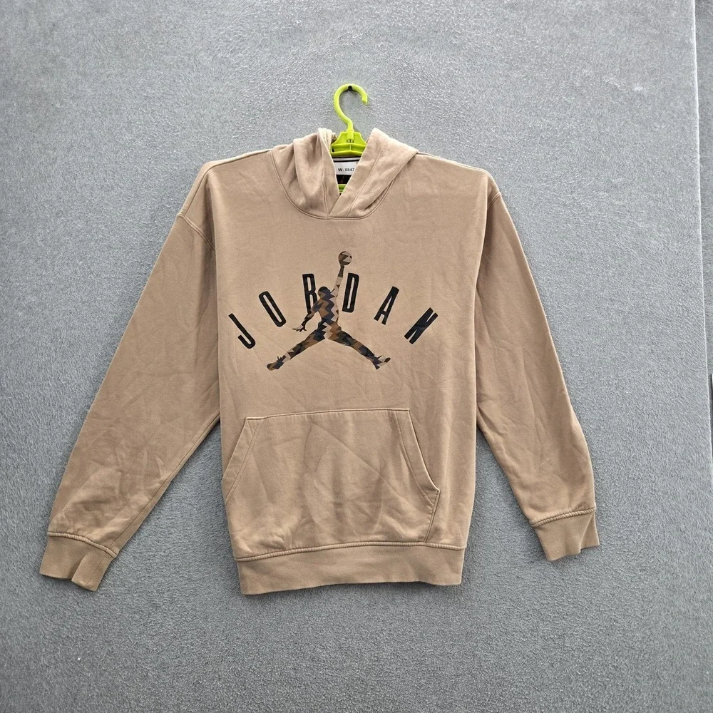 Jordan Men Hoodie L Tan Embroidered Flight MVP Fleece Jumpman Logo Pullover